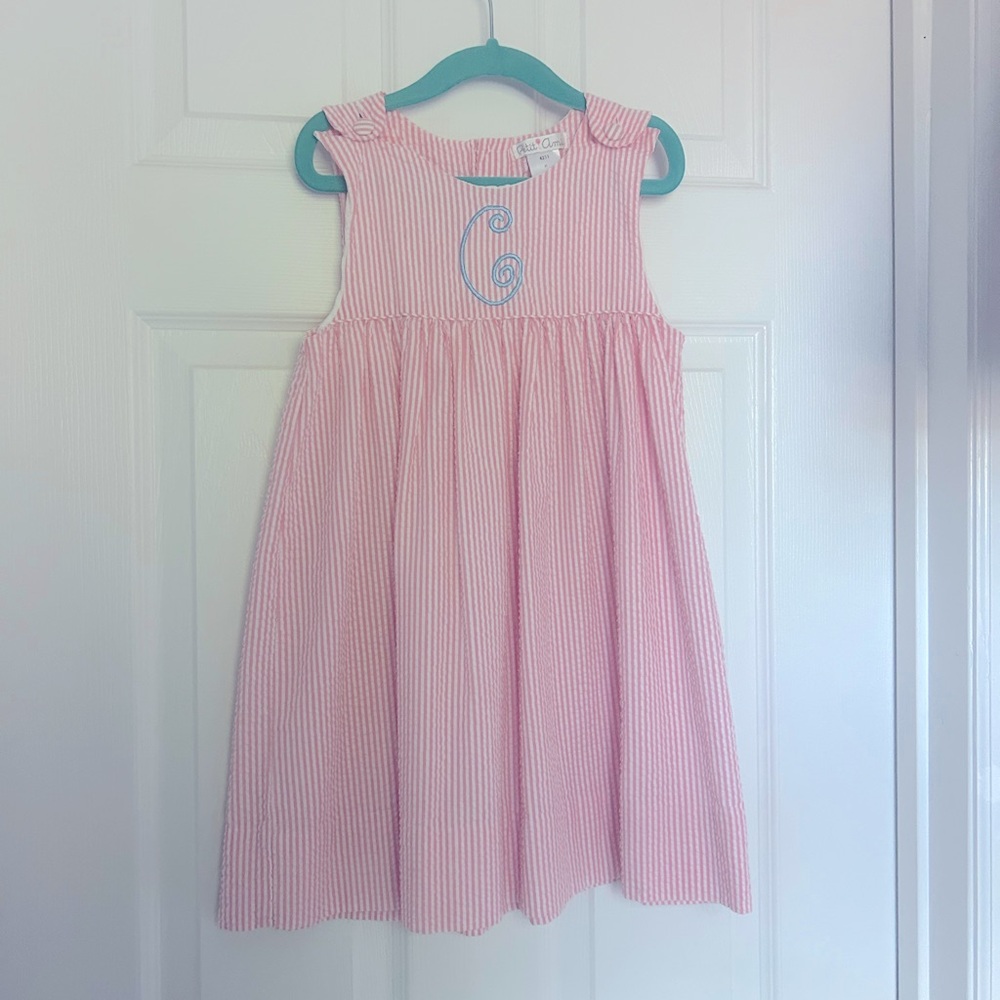 VGUC Petit Ami Pink and White Seer Sucker Dress with “C” Monogram